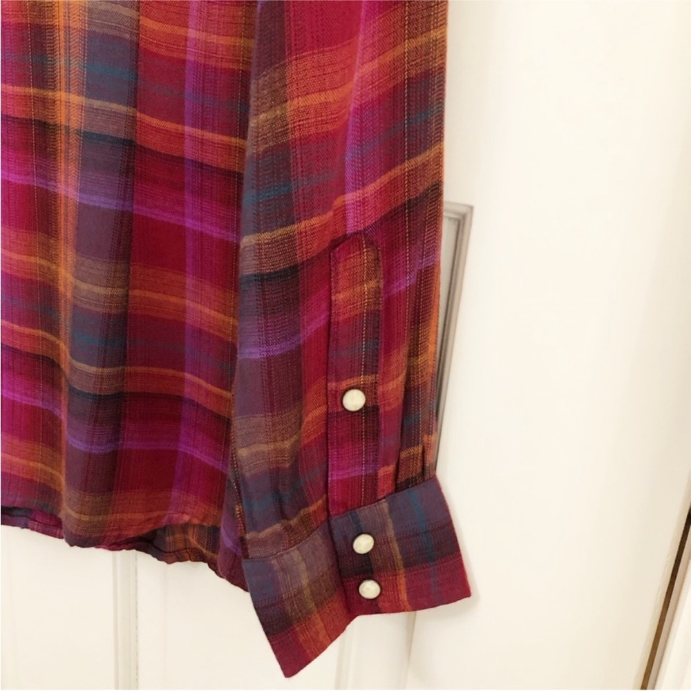 Wrangler | Pearl Snap Retro Flannel Purple Plaid Western Shirt Medium - Picture 11 of 14